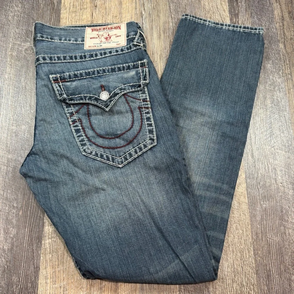 True Religion Slim Flap Pocket Big T Burgundy Stitch Jeans Mens 34x34 Blue Denim
